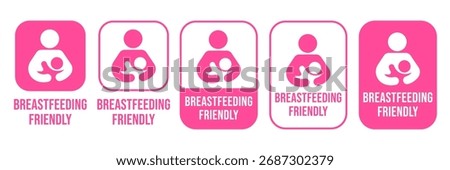 Breastfeeding icon set. Breastfeeding Friendly label. Baby care symbol. Mother and baby icons. Breastfeeding logo, badge, symbol, black, line, flat vector, isolated illustration.