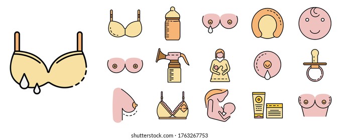 Iconos para amamantar. Conjunto de esquemas de iconos vectoriales de lactancia natural delgado color plano aislado en blanco