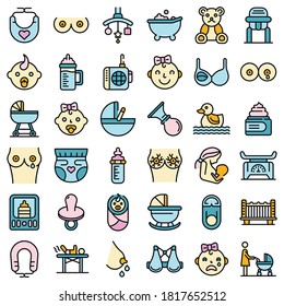 Breast-feeding icons set. Outline set of breast-feeding vector icons thin line color flat on white