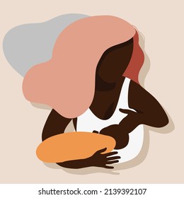 Breastfeeding illustration in mid century style.Young woman with child.Lactation concept.Love and maternity.Hand drawn banner.Newborn eats milk. Modern art