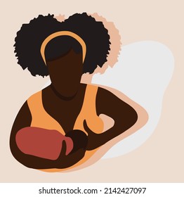 Breastfeeding illustration in mid century style.Young african woman with child.Lactation concept.Mom holds her baby.Love and maternity.Hand drawn banner.Newborn eats milk,colostrum. Modern art
