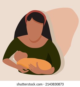 Breastfeeding illustration in mid century style.Young woman with child.Lactation concept.Mom holds her baby.Love and maternity.Hand drawn banner.Newborn eats milk,colostrum. Modern art