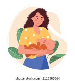 Breastfeeding illustration. Mother breastfeeds her newborn baby with nature and leaves. Breastfeeding, motherhood, childhood concept. Mother loves, hugs her child vector illustration in cartoon style.