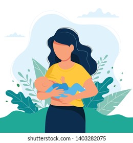 Breastfeeding illustration, mother feeding a baby with breast with nature and leaves background. Concept vector illustration in cartoon style. 