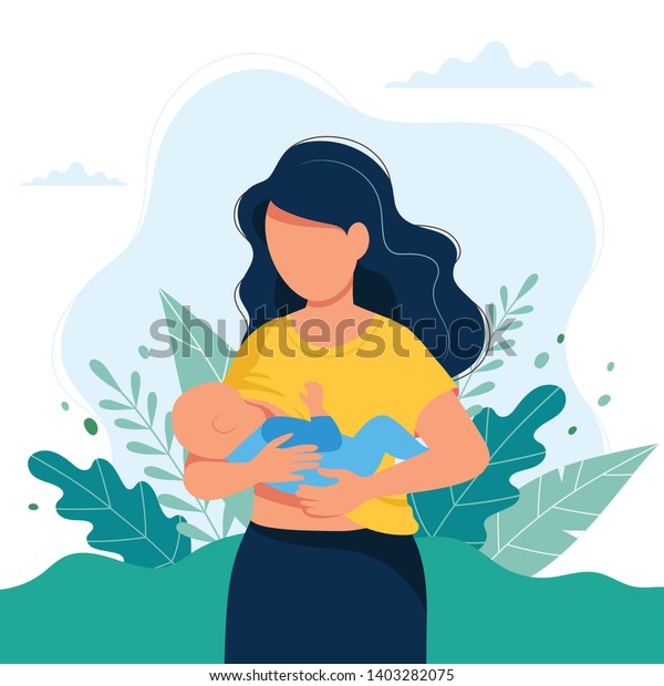 Breastfeeding illustration, mother feeding a baby with\
breast with nature and leaves background. Concept vector\
illustration in cartoon style.\
