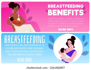 Breastfeeding informational web banners set, flat vector illustration. Benefits of breastfeeding, flyer template. Happy women breastfeeding newborn babies.