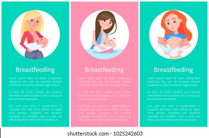 Breastfeeding informative vertical posters set with mothers who feed their babies with their own milk cartoon vector illustrations and sample texts.