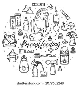 Breastfeeding and lactation of a woman with a baby, a set of vector doodle sketch icons. Devices for the nursing and nutrition with milk. Breast pump, bottle sterilizer and nipples.