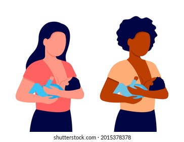 Breastfeeding, mother feeding newborn baby with breast in hands. Child boy drinks milk from the female breast. Breast feeding, happy mother day. Lactation. Vector illustration