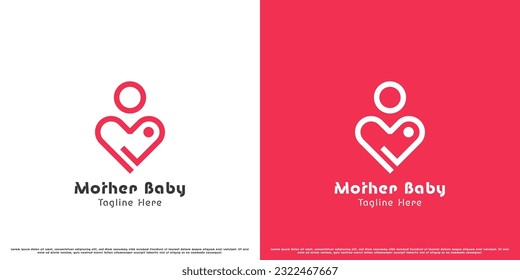 Breastfeeding mother logo design illustration. Flat silhouette simple modern creative love mother son heart parents family caring affection. Suitable for parent care mother care web app icon symbol.