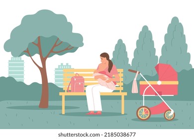 Lactancia al aire libre composición coloreada joven madre amamantando a su bebé en la ilustración vectorial del banco del parque