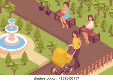 Breastfeeding park isometric composition with outdoor landscape city park lane and nursing women characters with babies vector illustration