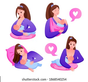 Breastfeeding position vector illustration set. Cartoon mother character feeding baby with milk from breast, happy woman holding newborn child and breastfeeds, support for motherhood isolated on white