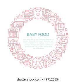 Breastfeeding poster template. Vector line illustration of breast feeding, baby infant food. Nursery element: breast pump, woman, child, powdered milk, bottle sterilizer, baby. Maternity banner design