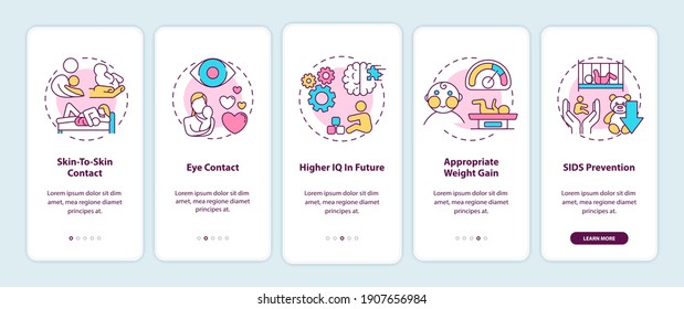 Breastfeeding pros onboarding mobile app page screen with concepts. Skin to skin contact with baby walkthrough 5 steps graphic instructions. UI vector template with RGB color illustrations