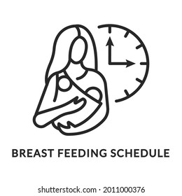 Breastfeeding schedule flat line icon. Vector illustration a baby in a sling in a womans arms.