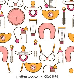 Breastfeeding. Seamless pattern, background with colored flat icons. Motherhood
