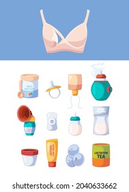Breastfeeding symbols. Maternity pumping breast with milk bottle for newborn kids infant mom garish vector icons collection