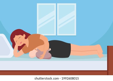 Concepto de vector de lactancia materna: Madre joven amamantando a su bebé mientras está tumbada en el dormitorio