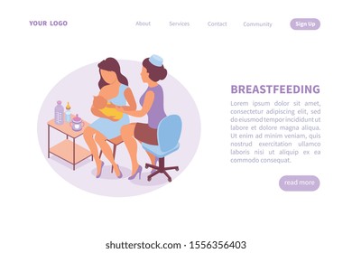 Breastfeeding web page isometric website with clickable links buttons and images of nursing with human characters vector illustration