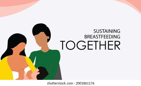 Breastfeeding week for mother and son in vector illustration. Happy family and healthy mom and daddy with a little baby