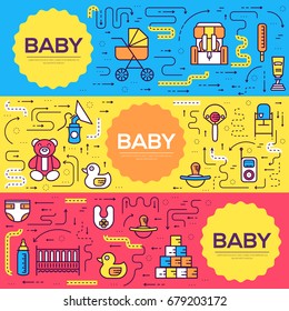 breastfeeding week vector brochure cards thin line set. Child template of flyear, magazines, posters, book cover, banners. Layout kids elements outline illustrations modern pages