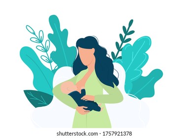 Breastfeeding woman with baby and tropical decor vector illustration. Female take care of child flat style. Parenthood and tender love concept. Isolated on white background