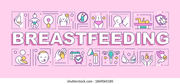 Breastfeeding word concepts banner. Ensuring child health and survival. Mother and baby. Infographics with linear icons on pink background. Isolated typography. Vector outline RGB color illustration