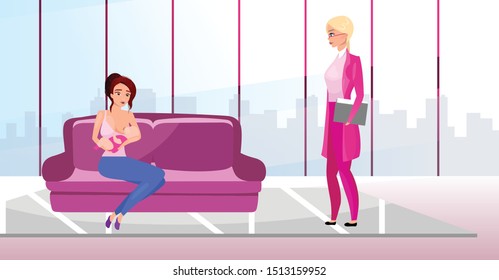 Breastfeeding at work flat vector illustration. Motherhood and career concept. Mother waiting for doctor and feeding newborn baby from breast. Woman and obstetrician gynecologist cartoon characters