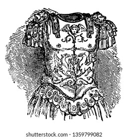 La placa de resaca es un dispositivo utilizado sobre el torso para proteger al torso de lesiones, dibujo vintage o ilustración de grabado.