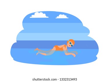 Breaststroke female in sea water isolated vector. Stroke performed by experienced sportswoman, woman wearing swimsuit swimming. Training sport expert