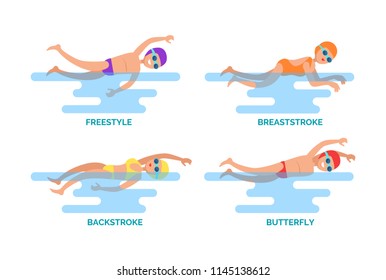 Breaststroke and freestyle, backstroke and butterfly swimming styles set. Water sport and professional swimmers showing ways to swim isolated vector