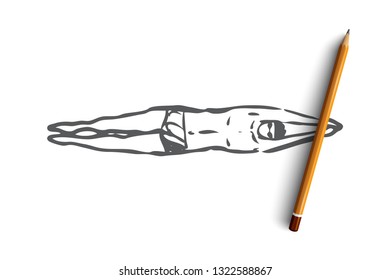 Breaststroke, swim, sport, pool, swimmer concept. Hand drawn man swimming breaststroke concept sketch. Isolated vector illustration.