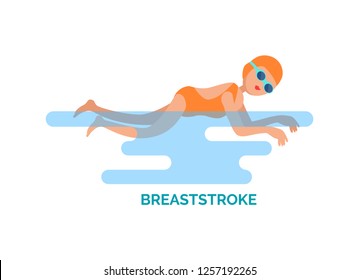 Breaststroke swimmer poster with text. Person female wearing bathing suit, goggles and protective hat on head swim professionally. Chest style vector