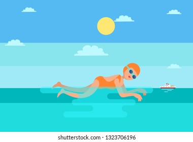 Breaststroke water sport woman vector. Female sportive lady in sea practicing strokes for competition. Swimming sportswoman with goggles and hat