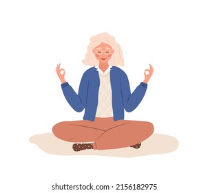 Breath Awareness Yoga Exercise. Elderly Woman Practicing Belly Breathing For Relaxation. Meditation For Body, Mind And Emotions. Spiritual Practice. Abdominal Breathing. Cartoon Vector Illustration.