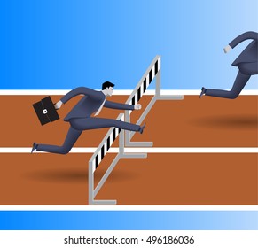 Breath in the back business concept. Confident businessman in business suit with case jumps over the obstacle. His opponent just a couple steps before him and will be beaten soon. Competition concept