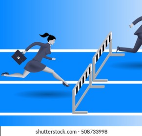 Breath in the back business concept. Confident business woman in business suit with case is going to jump over the obstacle. Her opponent just a couple steps in front of her and will be beaten soon.