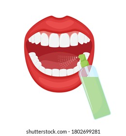 A breath freshener is sprayed into the open mouth. Oral hygiene. Spray in a transparent dispenser. Beautiful white even teeth. Dental advertising. Vector illustration in flat style. Isolated on white.