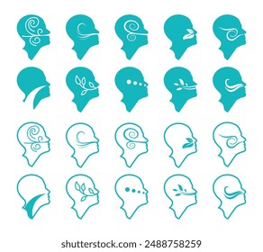 Breath icon logo vector. Human head breathe health leaf set collection