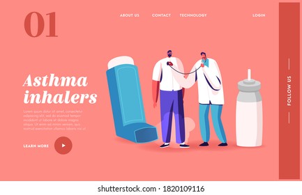 Breath with Inhaler Landing Page Template. Asthma Disease, Medical Care, Respiratory Medicine, Pulmonology. Doctor Character with Stethoscope Checking Patient Lungs. Cartoon People Vector Illustration