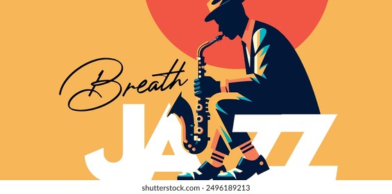 Breath Jazz - saxophone playing African American man jazz musician in vibrant colors minimalist vector illustration.	