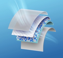 Breathable absorbent pad with 4 layers of high quality material. Comfort the skin and retains water and moisture excellently. Baby and adult diapers, incontinence pads, sanitary napkins, mattresses.