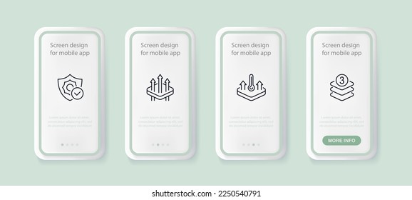 breathable fabric set icon. Shield, gear, permeability, temperature control, atmosphere, three layer material. Technology concept. UI phone app screens. Vector line icon for Business and Advertising