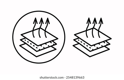 Um ícone de material respirável com setas para cima. O ícone de três setas indica um material respirável ou couro. Ícones de vetor de contorno. Material respirável. Para web design e infográficos.