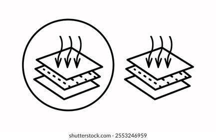 A breathable material icon with a down arrow. The three-arrow icon indicates a breathable material or leather. Contour vector icons. Breathable material. For web design and infographics.