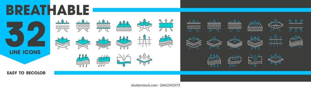 Breathable material line icons of fabric fiber layers, vector air arrows. Breathable fabric pictogram icons for airflow technology in cotton textile, diaper or clothing and mattress membrane layer