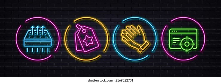 Breathable mattress, Loyalty tags and Clapping hands minimal line icons. Neon laser 3d lights. Seo targeting icons. For web, application, printing. Sleeping pad, Bonus reward, Clap. Vector