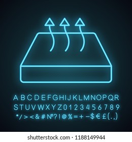 Breathable mattress neon light icon. Crib mattress with breathable cover fabric. Glowing sign with alphabet, numbers and symbols. Vector isolated illustration
