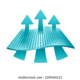Breathable property of membrane textile blue 3D icon - arrows which symbolizing airflow passing through fabric material surface - isolated vector emblem